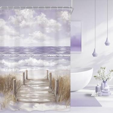 Imagem de Riyidecor Cortina de chuveiro de praia 137x198 cm extra longa roxo verão oceano Havaí pintura a óleo céu litoral praia moderna decoração de banheiro tecido poliéster impermeável pacote com 12 ganchos