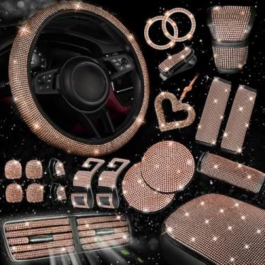 Imagem de NBTEPEM Conjunto de 30 peças de acessórios de carro brilhantes para mulheres, conjunto de capa de volante, capa de console brilhante, almofada de cinto de segurança, almofada de botão de câmbio