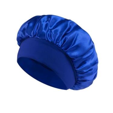 Imagem de Touca de Cetim Grande para Dormir com Faixa Larga Anti-Frizz - Gorro de Cetim com Aba Gigante, Proteção Cabelo Contra Frizz e Toque(1,Azul Marinho)