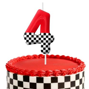 Imagem de Velas de aniversário de carro de corrida, decoração de topo de bolo de 6 cm, bandeira quadriculada número 4, decorações de aniversário, decorações de bolo de festa de aniversário, suprimentos de festa