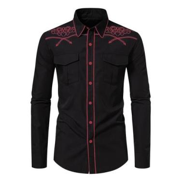 Imagem de Camisa masculina KISSQIQI Western Cowboy bordada Slim Fit