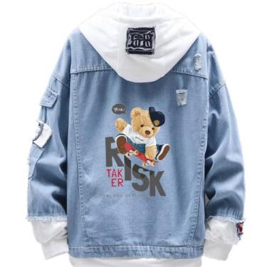 Imagem de Jaqueta jeans, estilo casual, design criativo, urso, skate - SANMU