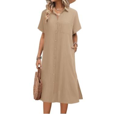 Imagem de Vestido HOTOUCH, linho, verão, manga curta, com botões, bege
