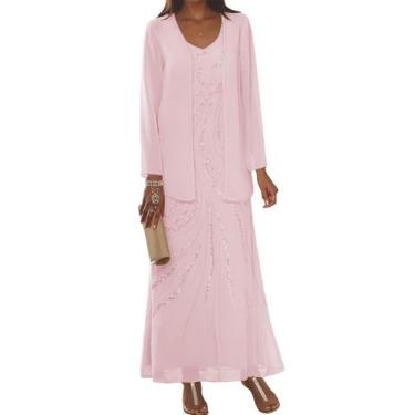 Imagem de Vestido Clothfun, chiffon, rosa, decote em V, mãe, noiva, comprimento 