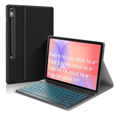 Imagem de JUQITECH Capa com teclado retroiluminado para Samsung Galaxy Tab S9 2023, S9 11 polegadas / S9 FE 11 polegadas / S9 FE 11 polegadas capa com suporte multi-ângulo com teclado sem fio para