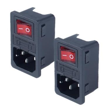 Imagem de DMWD Tomada macho de entrada de 3 pinos 10A 250VAC com interruptor basculante de luz vermelha de 4 pinos ON Off e fusível de 10 Amp design de encaixe IEC 320 C14 2 peças