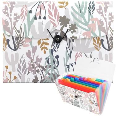 Imagem de Uquelic Pasta expansível de 13 bolsos, organizador de documentos sanfonado com fecho elástico, tamanho carta/A4, pasta de impressão floral para escola e escritório (padrão de algas marinhas)