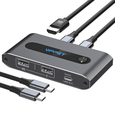Imagem de Interruptor USB C KVM 1 monitor 2 computadores 4K @60Hz 2 portas Tipo-C para HDMI KVM Switches para 2 portas USB-C Laptops compartilham um único monitor HDMI e teclado mouse