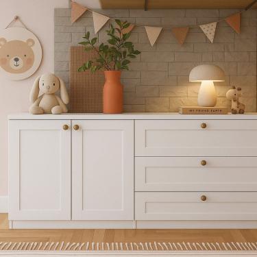 Imagem de Quarto Infantil com Cômodas 3 Gavetas e Armário 2 Portas Provençais 100% Mdf Infinity Branco Fosco