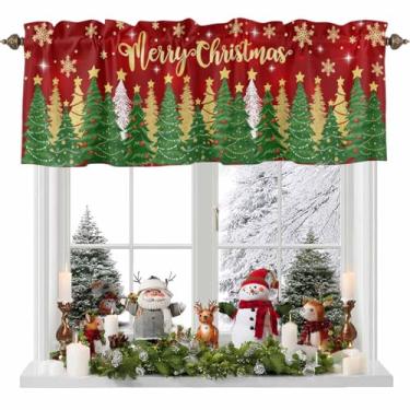 Imagem de Cortinas de árvore de Natal para janelas, árvore de Natal verde dourada, floco de neve, estrelas, fundo vermelho, sanefa, bolso para varão, tratamentos de janela, cortinas curtas para cozinha, sala de