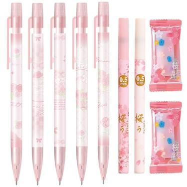 Imagem de Lápis mecânico rosa fofo com refis e borrachas, lápis mecânico fofo de 0,5 mm Kawaii para crianças, estudantes, mulheres, meninas, escritório, material escolar (flor rosa - 0,5 mm)
