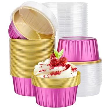 Imagem de EUSOAR Ramequins descartáveis com tampas, 50 peças de recipientes de sobremesa creme brulee ramekins de folha de alumínio de 142 g, mini formas de bolo com tampas, forros de cupcake para festa de