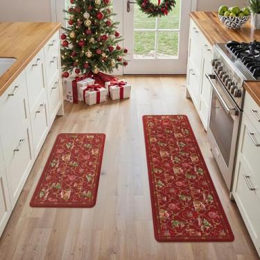 Imagem de GENIMO Decorações de Natal – Tapetes de cozinha para chão, 2 peças de tapetes de cozinha de Natal, tapete acolchoado antifadiga para decoração de casa, tapete antiderrapante impermeável para