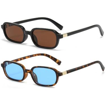 Imagem de Palarado Óculos de sol retangulares vintage modernos retrô anos 90 para mulheres, armação quadrada pequena retangular, fofo, skinny, chique, óculos de sol legais, Tartaruga/azul + marrom