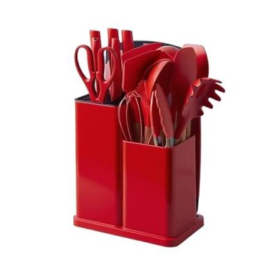 Imagem de Conjunto de Utensílios de Silicone com Cabo de Madeira e Kit de Facas com Tábua 19peças(Vermelho)