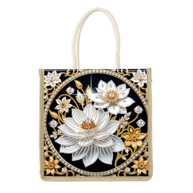 Imagem de antor Kit de sacola de pintura de diamante DIY para adultos, bolsa de mão elegante de arte de diamante de flor de lótus, bolsa de armazenamento de artesanato, bolsa de pintura de diamante de arte de