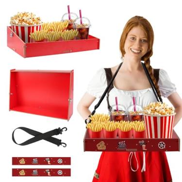 Imagem de Bandeja de lanche de madeira com alça vermelha para servir à noite para filmes usherette, porta-bebidas com adesivos, suporte de pipoca de 38 x 25 x 10 cm para tema dos anos 20, fantasia de Carnaval