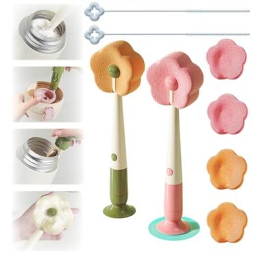 Imagem de Escova de garrafa de esponja de flor com ventosa 4 em 1, escova de detalhes para abertura e canudo, escova de mamilo removível, escova de limpeza de copo multiuso de cabo longo (laranja + rosa)