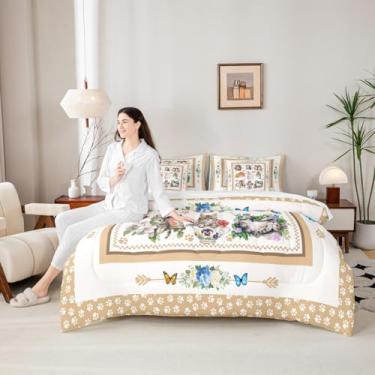 Imagem de Conjunto de cama casal de gato, 7 peças, decoração floral em aquarela para meninos e meninas, bege colorido (elástico + lençol + 2 fronhas + 2 fronhas + 2 fronhas)