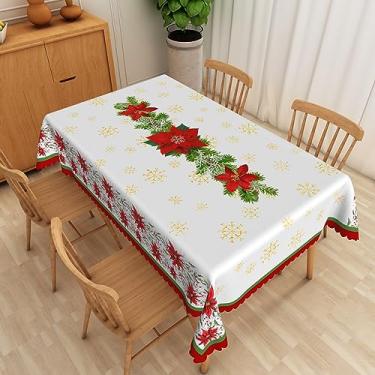 Imagem de SIEDYCV Toalha de mesa retangular com flores de Natal, 152 x 233 cm, inverno, vermelha, poinsétia, folha verde, dourada, floco de neve, tecido de poliéster, antirrugas, reutilizável, para decoração de