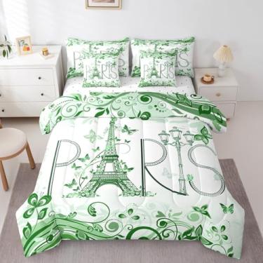 Imagem de Manfei Conjunto de cama solteiro de 7 peças, Torre Eiffel moderna, estampa de borboleta de flor verde em uma bolsa com edredom, lençóis e fronhas, decoração de quarto infantil e feminino