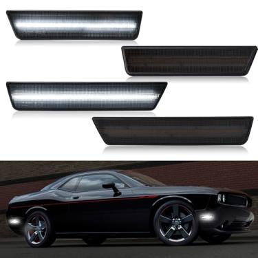 Imagem de R&F Auto 4 peças de luzes de LED laterais compatíveis com Challenger 2008-2014 lâmpada lateral dianteira traseira âmbar lâmpadas para-lama luz de estacionamento lente fumada