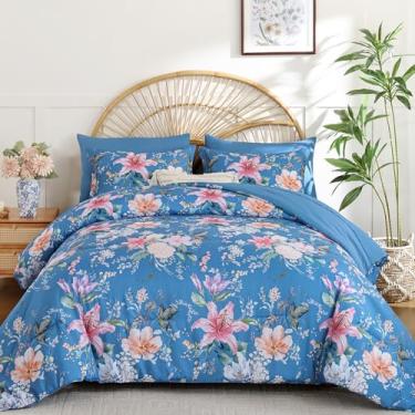 Imagem de Drucon Conjunto de edredom King Size – 7 peças, floral, azul celeste, macio, cama king size em uma bolsa com edredom de flores botânicas, lençóis, fronhas e fronhas