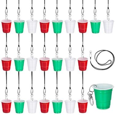 Imagem de FoldTier Colares de vidro de shot com cordão de 59 g clipe de plástico mini copos de shot festa para casamento, Halloween, Natal, aniversário, festa, uísque, tequila, vodka, suprimentos (vermelho