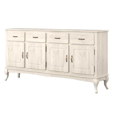 Imagem de Balcão Buffet em Madeira Maciça com 4 Portas e 4 Gavetas Branco Envelhecido