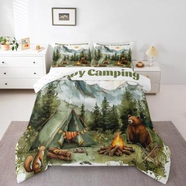 Imagem de Erosebridal Conjunto de edredom solteiro com tema de acampamento, trailer, para decoração de quarto de meninos e meninas, cabana de fazenda, urso, montanha, floresta, 1 fronha