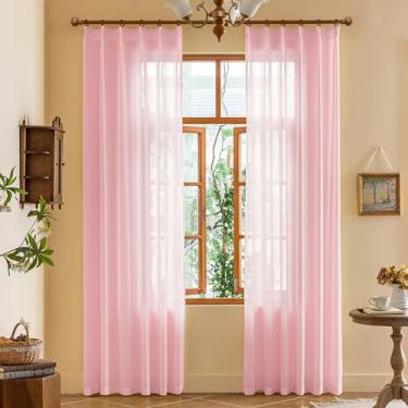 Imagem de Cortinas transparentes com pregas rosadas de 228 cm de comprimento, filtragem de luz, toque suave, ramo de árvore, cortinas texturizadas, cortinas plissadas com ganchos ajustáveis (sem anéis) para