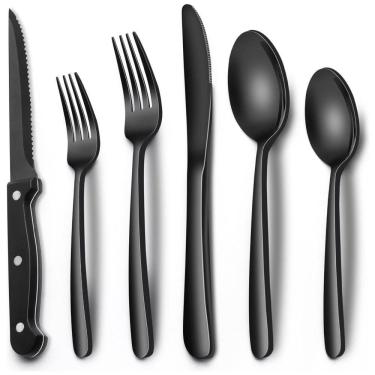 Imagem de Conjunto de Talheres Premium em Preto, 24 Peças em Aço Inox, Facas de Churrasco, Para 4 Pessoas, Talheres de Mesa de Alta Qualidade,EWFEN