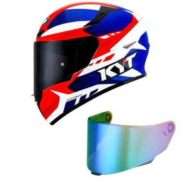 Imagem de Capacete KYT TT Course Gear Azul e Vermelho Mais Viseira Camaleão, 58