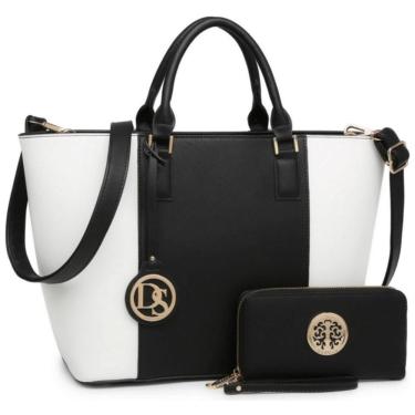 Imagem de Bolsa de Ombro Feminina com Aça Superior e Carteira, e Branca, DASEIN KC XL 02 6417W BK, WT, Preto