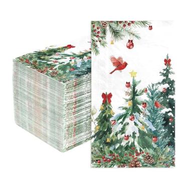 Imagem de Guardanapos de papel para árvore de Natal com 3 camadas de guardanapos de pássaro cardeal vermelho descartáveis toalhas de mão absorventes aquarela árvore de Natal vermelho cardeal pássaro convidado