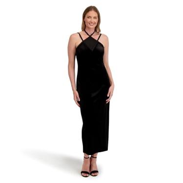 Imagem de Laundry by Shelli Segal Vestido maxi feminino colado ao corpo com tiras – Vestido liso de veludo, Ônix preto, 46