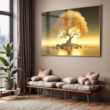 Imagem de Quadro com Moldura e Acrilico Cristal Vidro Sala Quarto Arvore Dourada Decorativo Horizontal Grande Hall