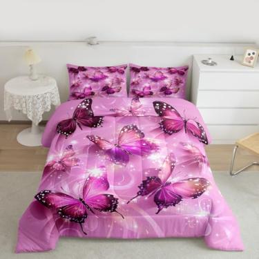 Imagem de Feelyou Conjunto de edredom para meninas, tamanho casal, chique, com glitter, rosa, para amantes de borboletas, edredom lindo e sonhador, decoração de quarto feminino, 3 peças com 2 fronhas