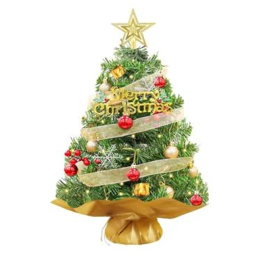 Imagem de Árvore de Natal pequena de 43 cm com luzes e enfeites de bola para decoração de festas em casa (ouro)