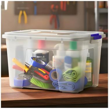 Imagem de Caixa Organizadora Multiuso Transparente 56L, Plástica com Tampa e Travas, Empilhável, Retangular para Roupas, Brinquedos e Documentos
