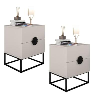 Imagem de Kit 2 Mesas de Cabeceira Estilo Industrial 2 Gavetas Puxador Lua - LH Móveis (Preto/Pé Preto)