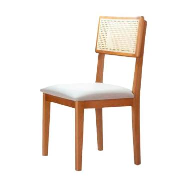 Imagem de Cadeira de Jantar Estofada de Madeira com Encosto em Rattan - Holanda (Linho Cru Off White)
