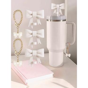 Imagem de Conjunto de 5 peças compatíveis com acessórios Stanley Cup, 3 topos de canudo de arco compatíveis com capa Stanley de 9 a 10 mm, 2 pingentes de arco fofos para copo com alça (branco)