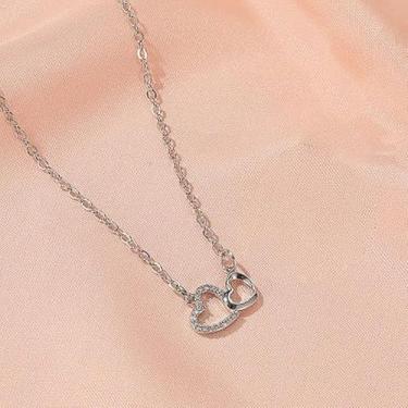 Imagem de Colar de coração duplo vazado para mulheres, colar de corrente de zircônia cúbica branca, ajustável, moderno, delicado, simples, minimalista, joia presente para formatura, casamento, noivas, one size