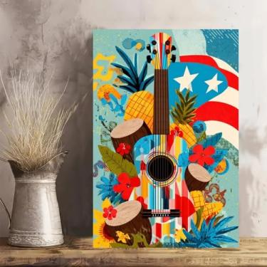 Imagem de Arte de parede em tela rústica vintage com flores tropicais de guitarra colorida - Pôster sem moldura de 30 x 45 cm - Decoração de casa e escritório para sala de estar, quarto, cozinha e café