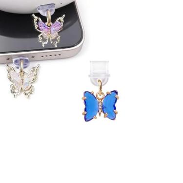 Imagem de Plugue de borboleta para celular, design de pingente decorativo, acessório de prevenção de detritos para plugue de poeira de iPhone (azul)