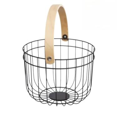 Imagem de Cesto Redondo Aramado com Alça de Madeira – Fruteira de Mesa 21cm | Organizador Multiuso em Metal para Frutas, Verduras e Decoração