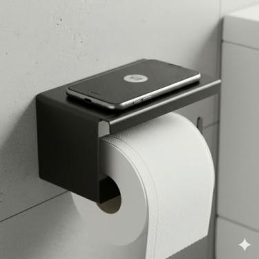 Imagem de Suporte moderno de papel higiênico montado na parede com prateleira de telefone, preto fosco, construção de metal, dispensador de rolo de papel higiênico para banheiro, metal à prova de ferrugem