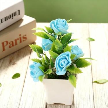 Imagem de Bonsai artificial de planta falsa simulação de flores rosas em vaso decoração de jardim decoração de mesa para casa (azul)