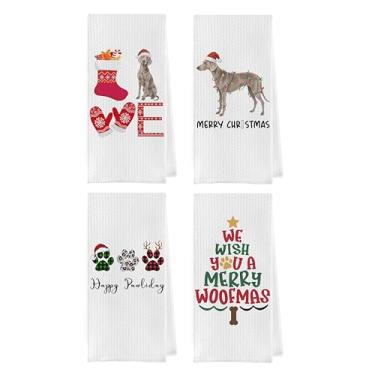 Imagem de Geqtt Conjunto de toalhas de cozinha Weimaraner de Natal - Weimaraner Lover Gifts Waffle Decorativo, Toalha de chá de mão de árvore de cachorro de Natal de Natal, 40,6 x 61 cm, conjunto de 4